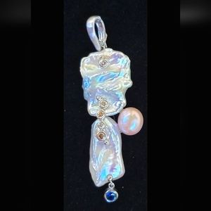 18k Gold Diamond Sapphire Pearl Pendant Slide Enhancer Estate Jewelry 13.1g